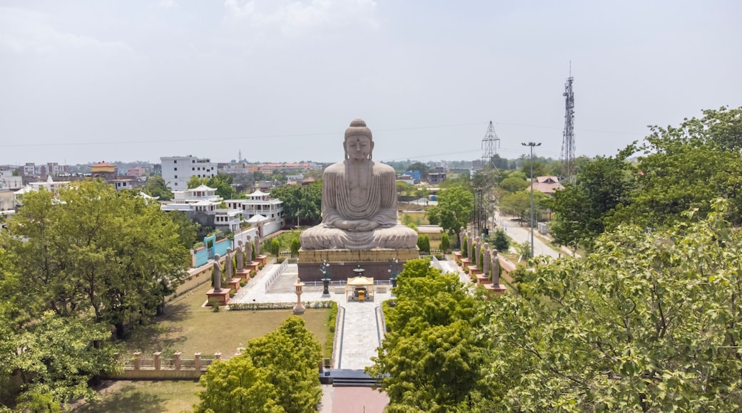 Aerial view of great buddha statue near mahabodhi temple in bodh gaya, bihar state of India