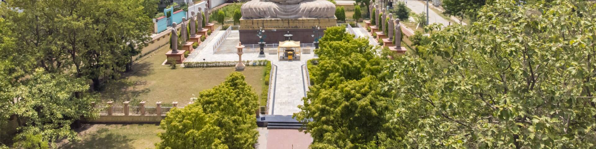 Aerial view of great buddha statue near mahabodhi temple in bodh gaya, bihar state of India