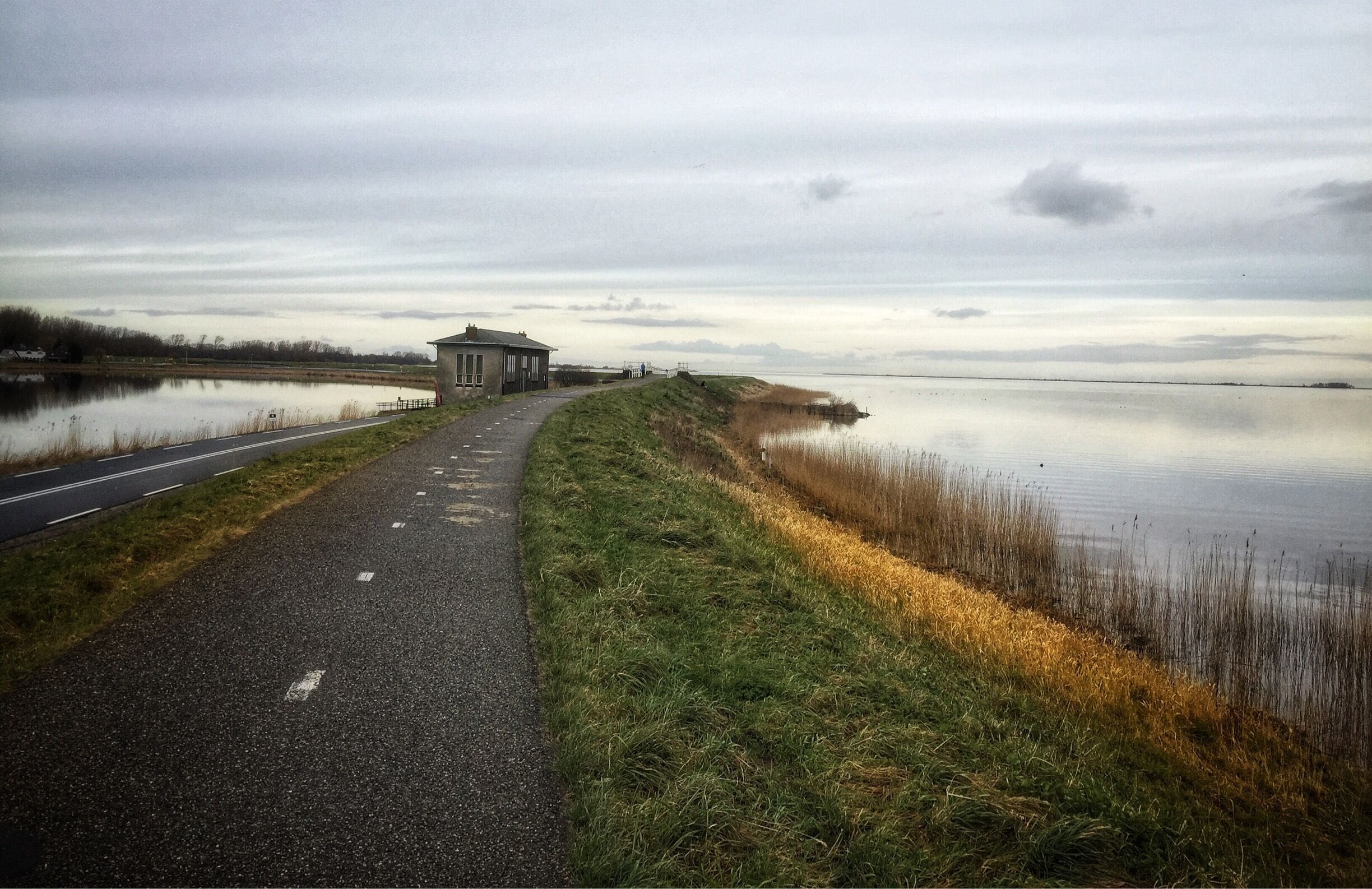 A road curving alongside a calm lake with a small building in the distance.