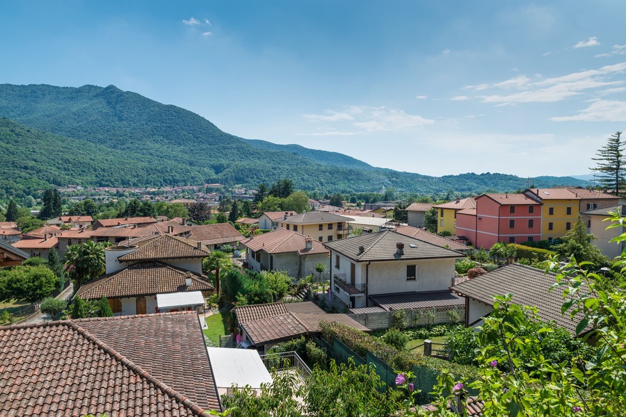 Valcuvia with Cuveglio and in the background Cuvio and the Campo dei Fiori massif, Regional park, province of Varese, northern Italy