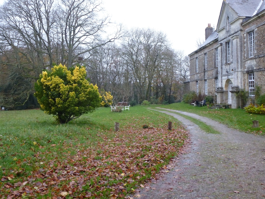 A stone building with a garden path leading to a white bench.