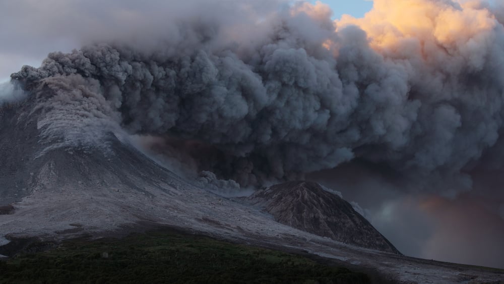 Montserrat, Caribbean, Ash erupting from soufriere hills volcano