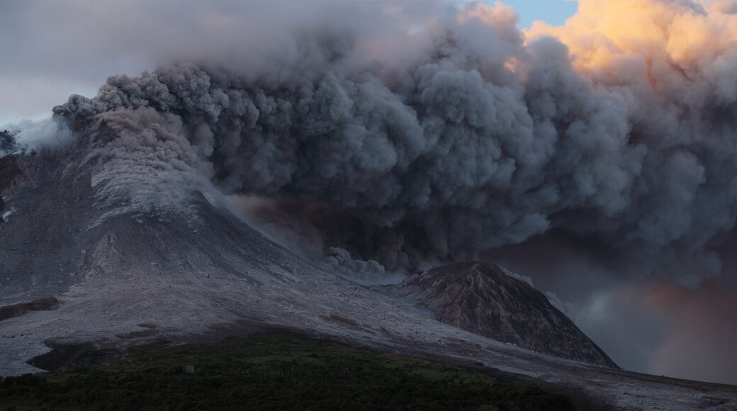 Montserrat, Caribbean, Ash erupting from soufriere hills volcano