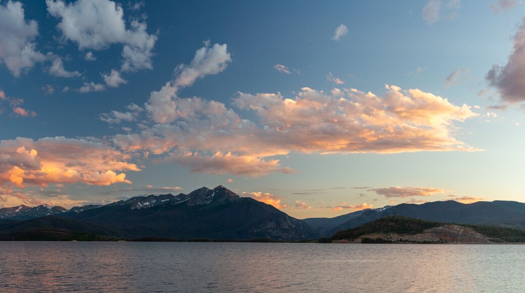 A panorama of sunset over the Rocky Mountains and Dillon Reservoir (Lake Dillon) in Colorado
