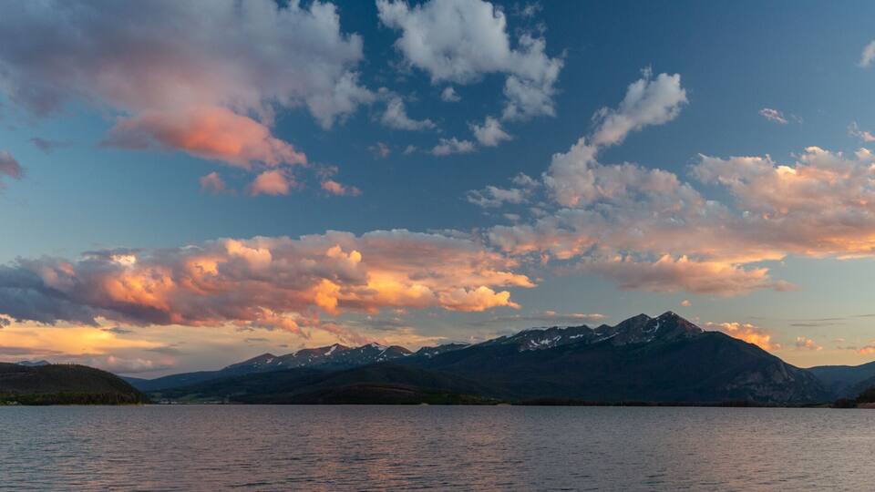 A panorama of sunset over the Rocky Mountains and Dillon Reservoir (Lake Dillon) in Colorado
