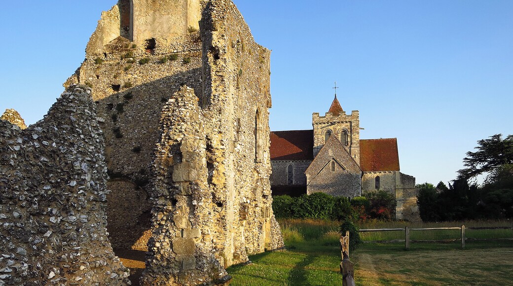 Boxgrove Priory, West Sussex, England. The church from the north, and ruins of the monastic guest house. Wikidata has entry Q17644346 with data related to this item.