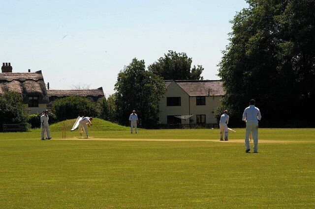 A cricket field with players, thatched-roof houses, and trees.