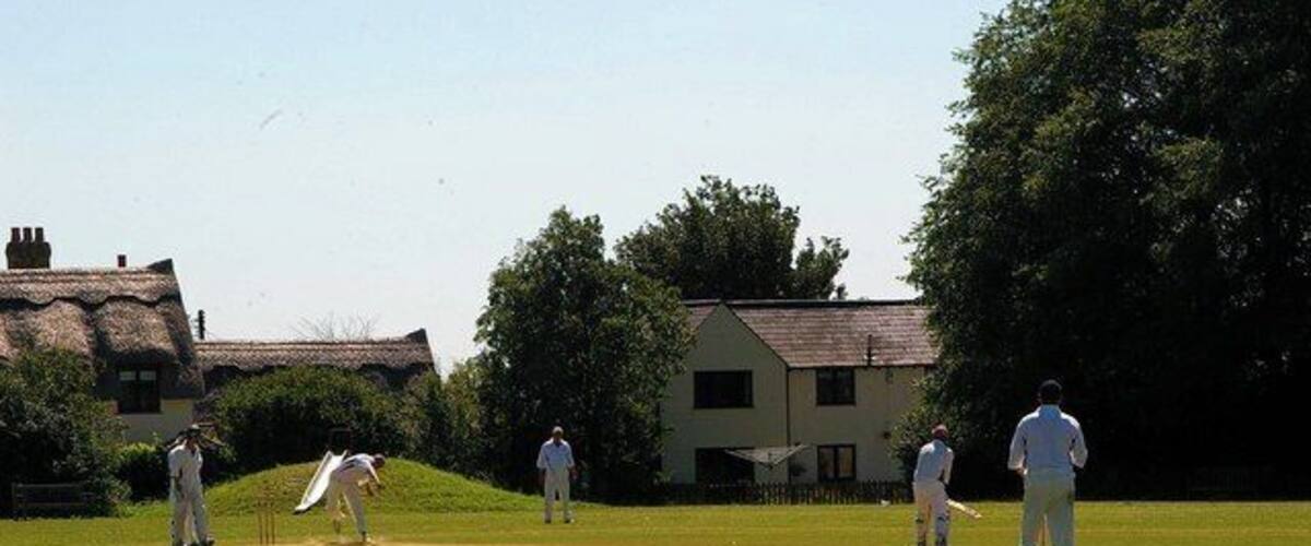 A cricket field with players, thatched-roof houses, and trees.