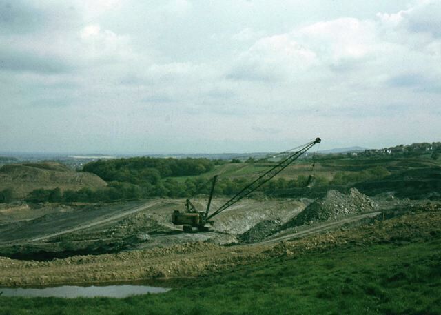 Bateswood Opencast coal site. 1983 [3] Coal working in progress. Looking towards the big drag line from a soil bund below Scot Hay Cricket Club. See also 812371 and 812384.