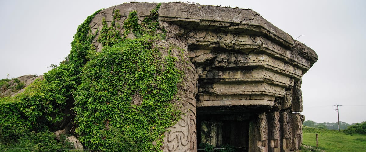 A large, ancient stone structure with intricate carvings, partially covered by green ivy.