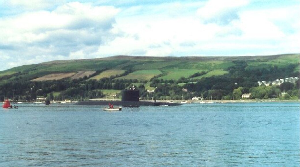 Rhu Narrows. HMS Revenge transits the Rhu Narrows as she departs the Gareloch for INDEX in the Clyde Submarine Exercise Areas. The red buoy to the left is the channel marker at the end of Limekiln Point.