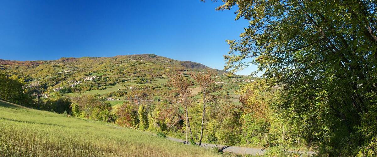 A lush green valley with rolling hills, a distant mountain range, and a clear blue sky.