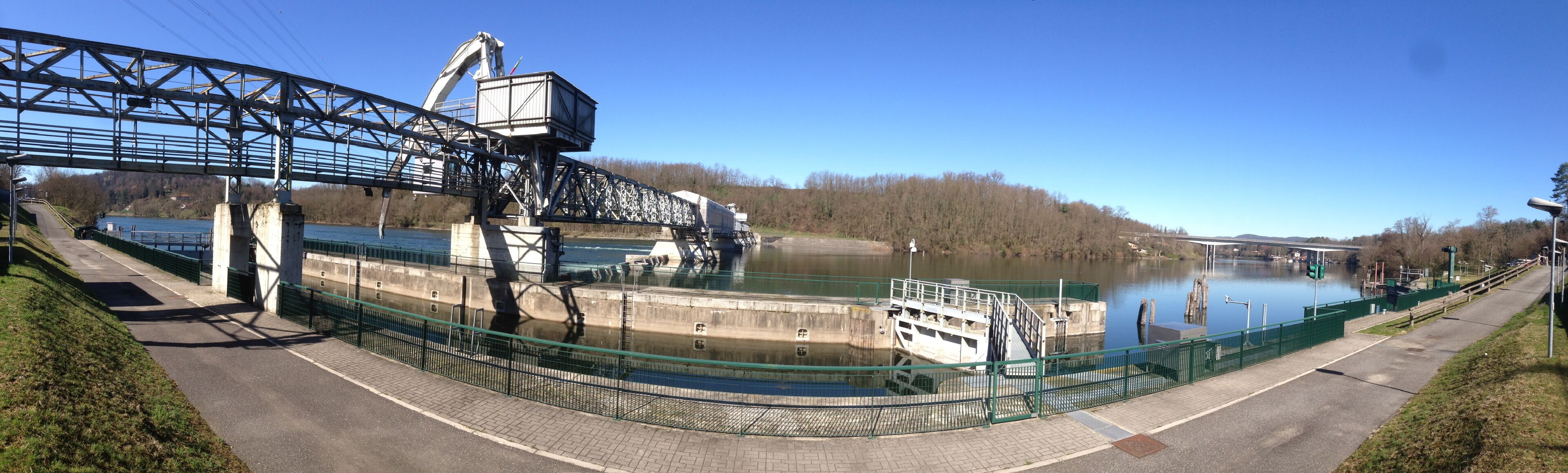 A lock system with a bridge and a river.