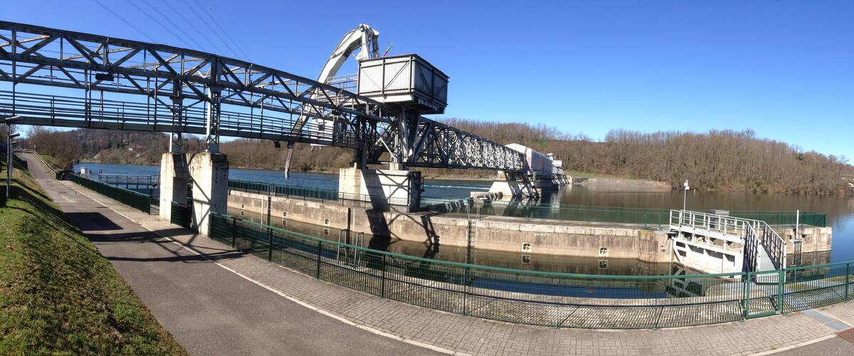A lock system with a bridge and a river.