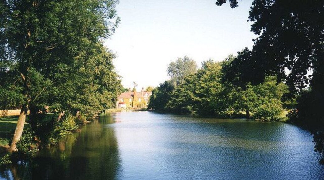 The lake at Birtsmorton Court View eastwards along the length of the lake with Birtsmorton Court in the distance. This forms part of the 19 acres of garden surrounding the moated grange.