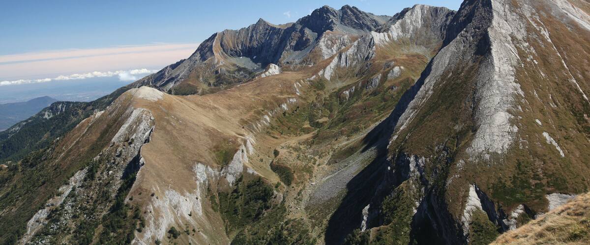 A mountain range with rugged peaks and valleys.