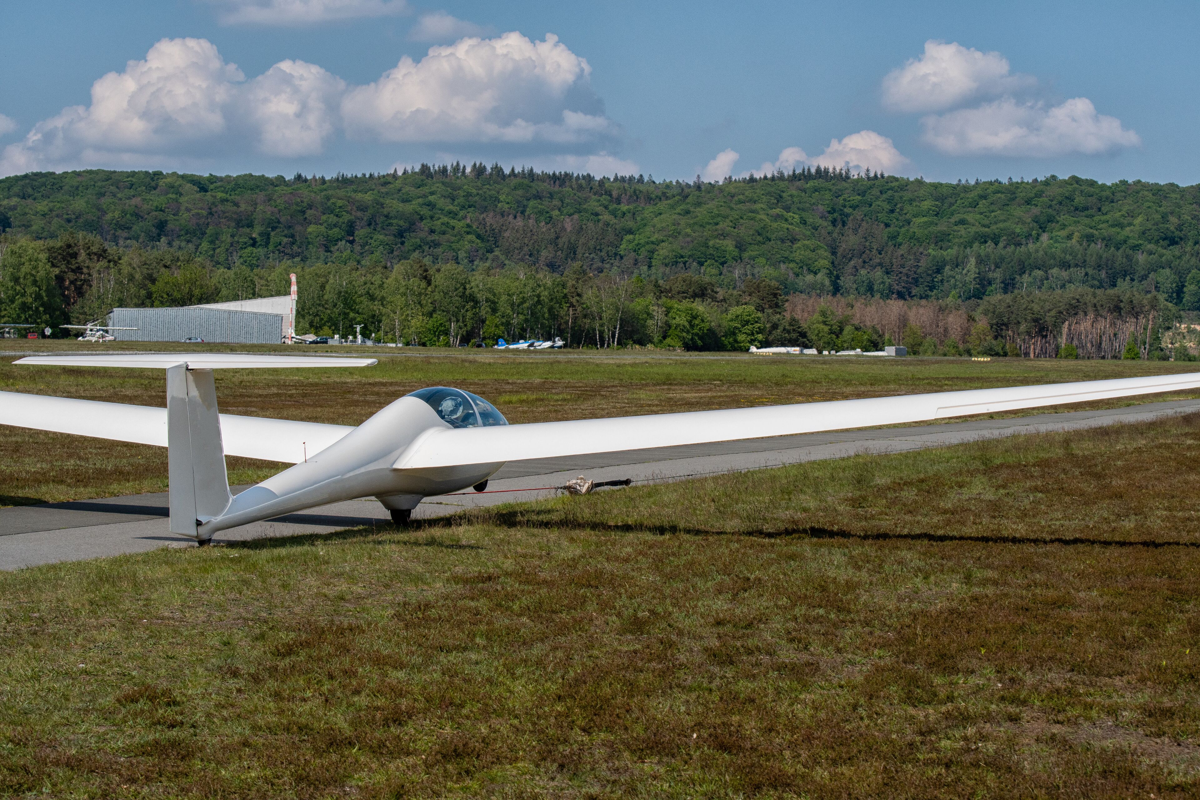 A small white aircraft on a grassy airstrip with a forested hill in the background.