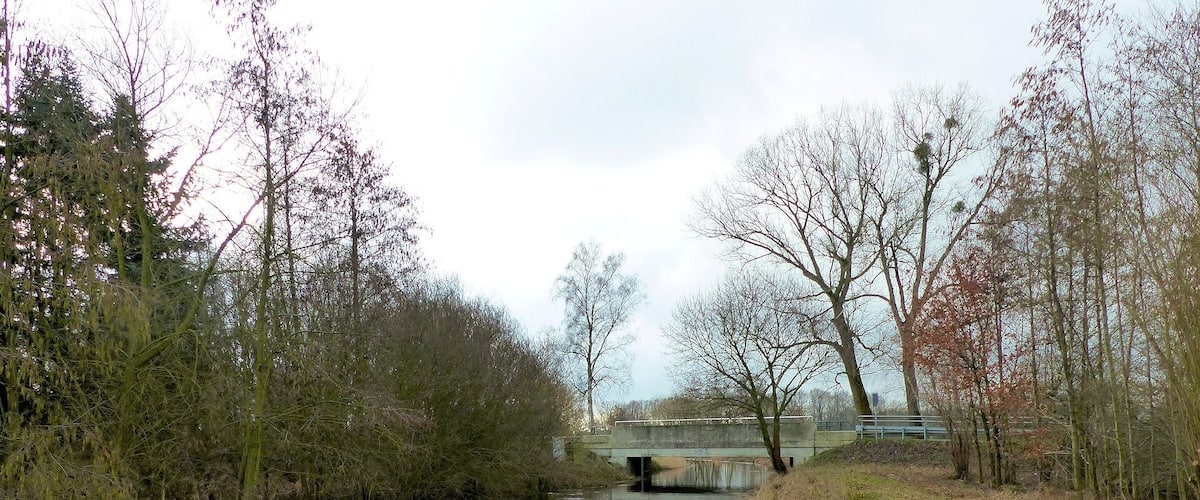 A calm river with a bridge in the distance, surrounded by trees and grassy banks.