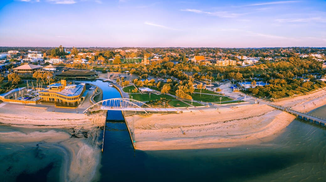 Aerial panorama of Frankston waterfront at sunset. Frankston yacht club and footbridge over Kananook creek.