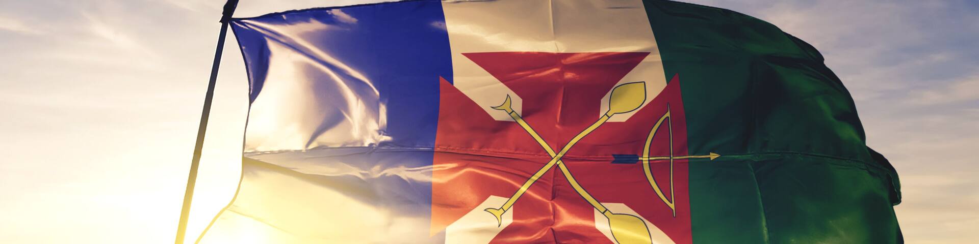 Cameta of Brazil flag waving on the top sunrise mist fog