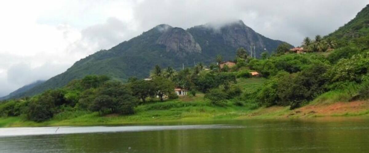A lake surrounded by lush greenery and a mountain in the background.