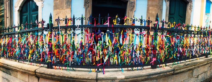 Colorful Bonfim wish ribbons tied around at Church of Nosso Senhor do Bonfim, Pelourinho, Salvador, Bahia, Brazil.