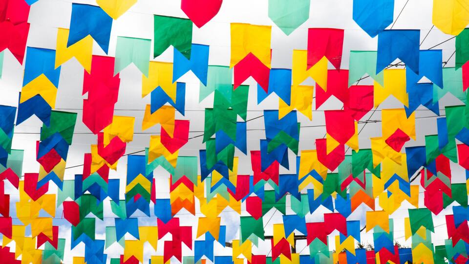 Caruaru / Pernambuco / Brazil. 06, 07, 2022. Traditional decoration of June parties in Northeast Brazil with multicolored flags and balloons.