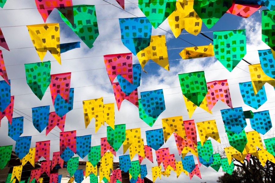 Caruaru / Pernambuco / Brazil. 06, 07, 2022. Traditional decoration of June parties in Northeast Brazil with multicolored flags and balloons.