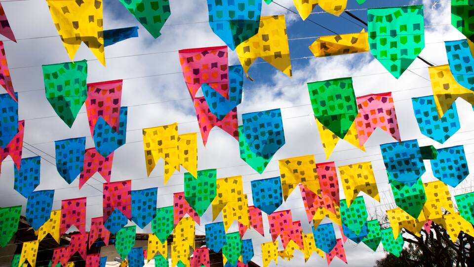 Caruaru / Pernambuco / Brazil. 06, 07, 2022. Traditional decoration of June parties in Northeast Brazil with multicolored flags and balloons.