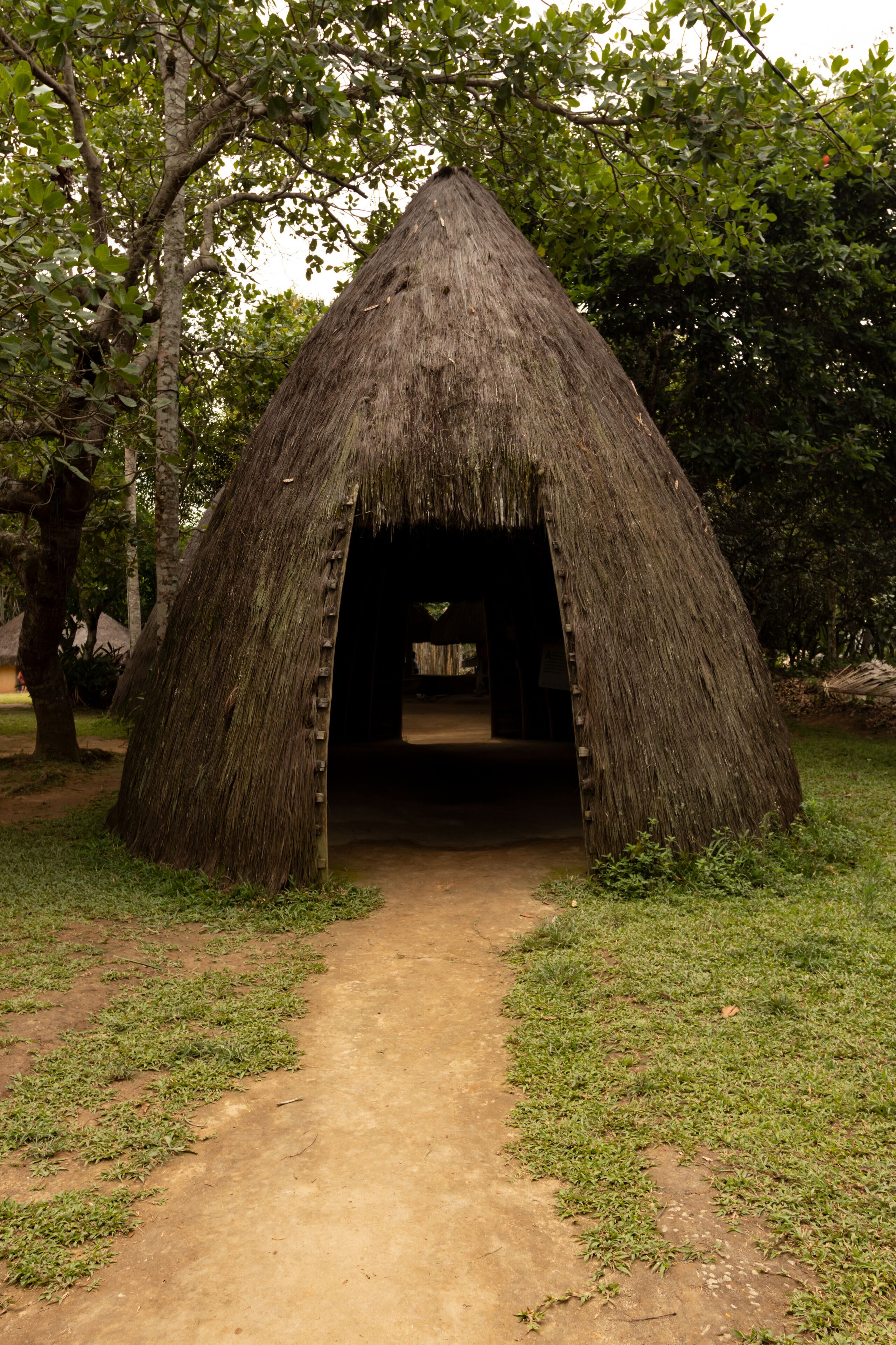 A thatched hut with a dirt path leading to it, surrounded by trees.
