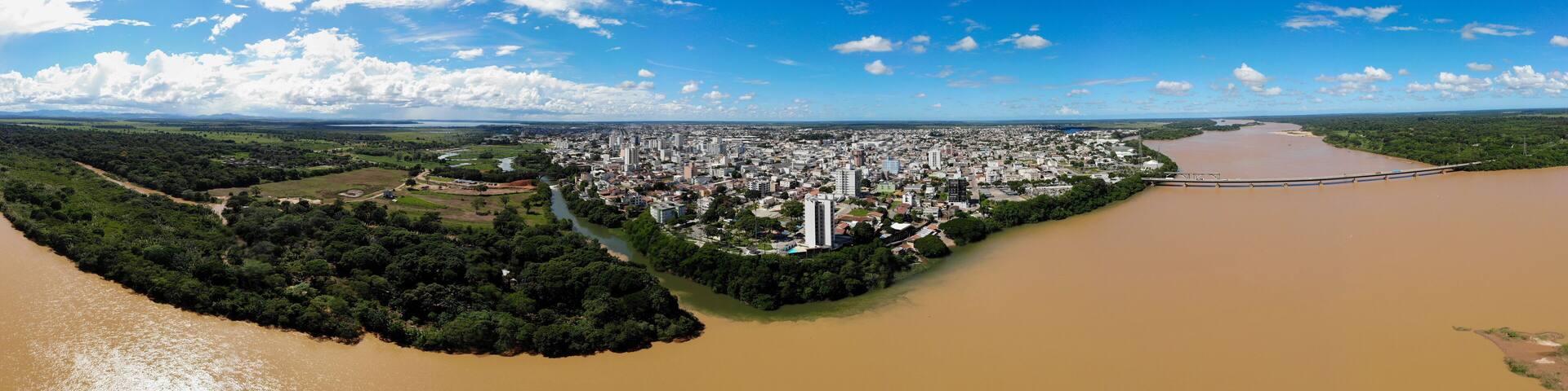 Panoramic view of Meeting waters of Doce and Pequeno river in Linhares, Brazil
