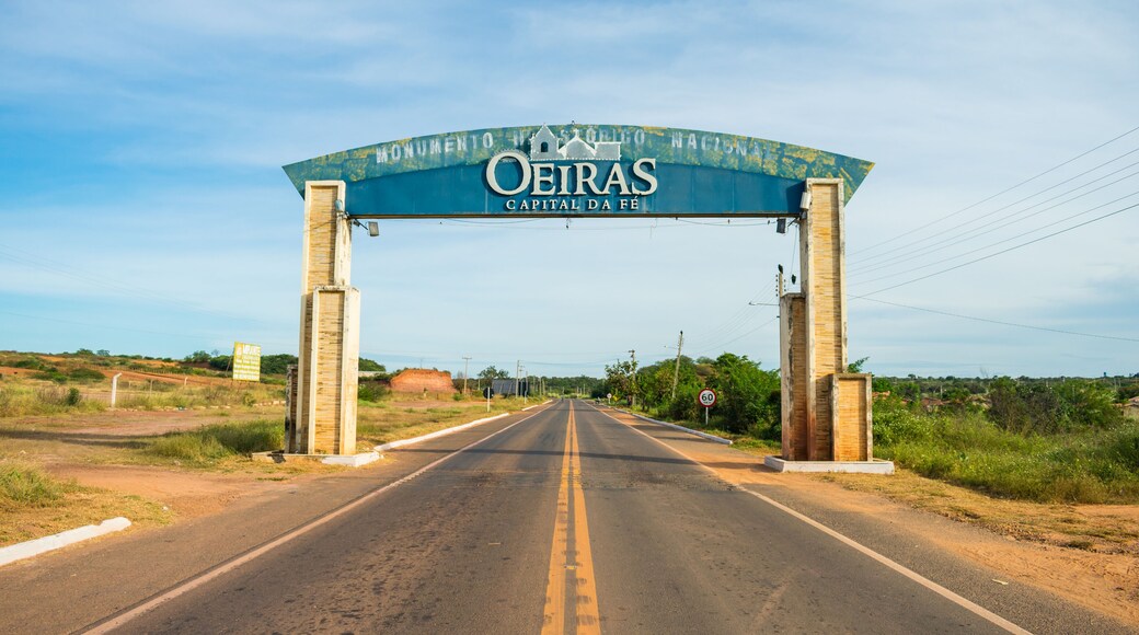 Oeiras, Brazil - Circa May 2019: Road sign at the entrance of Oeiras - written "capital of faith" in Portuguese
