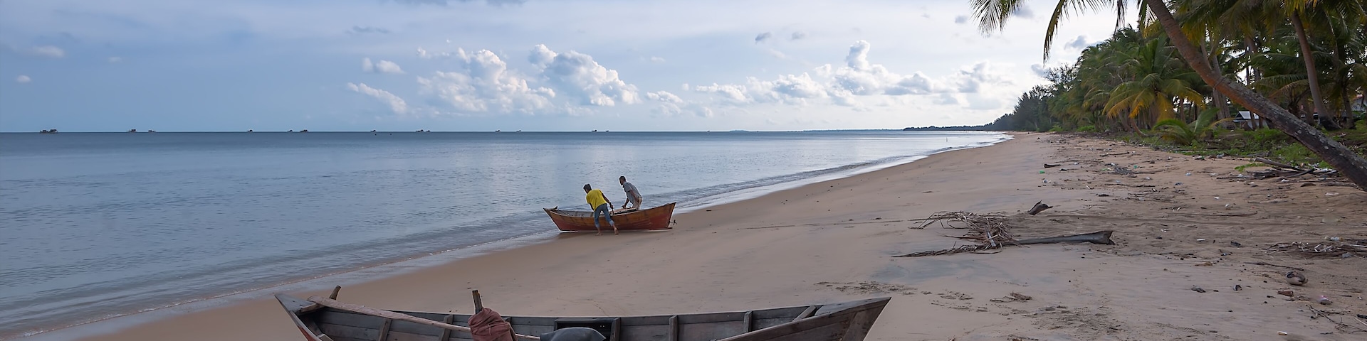 Una playa con dos barcos, palmeras y el océano.