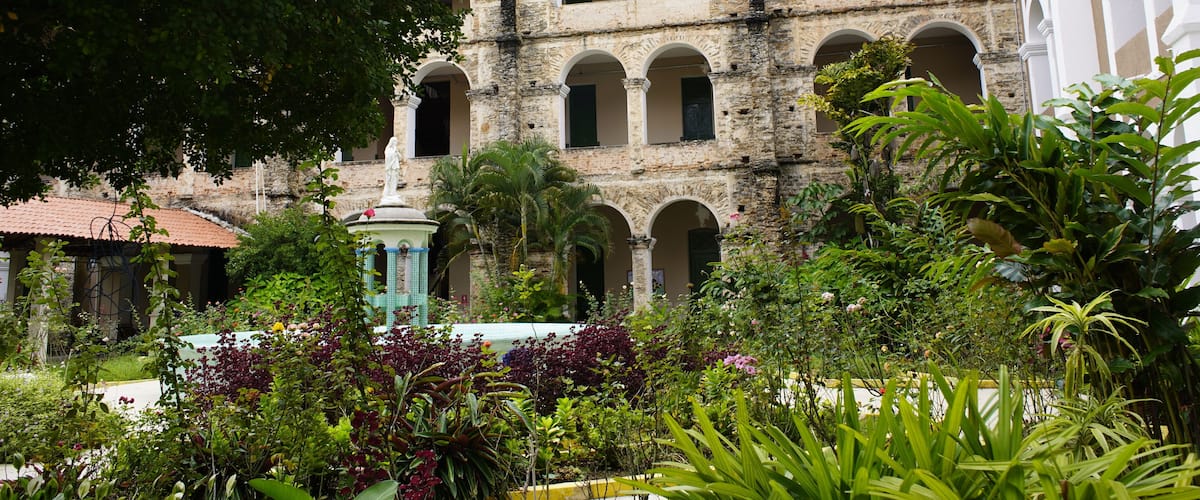 A historic building with arched windows and a garden with various plants.