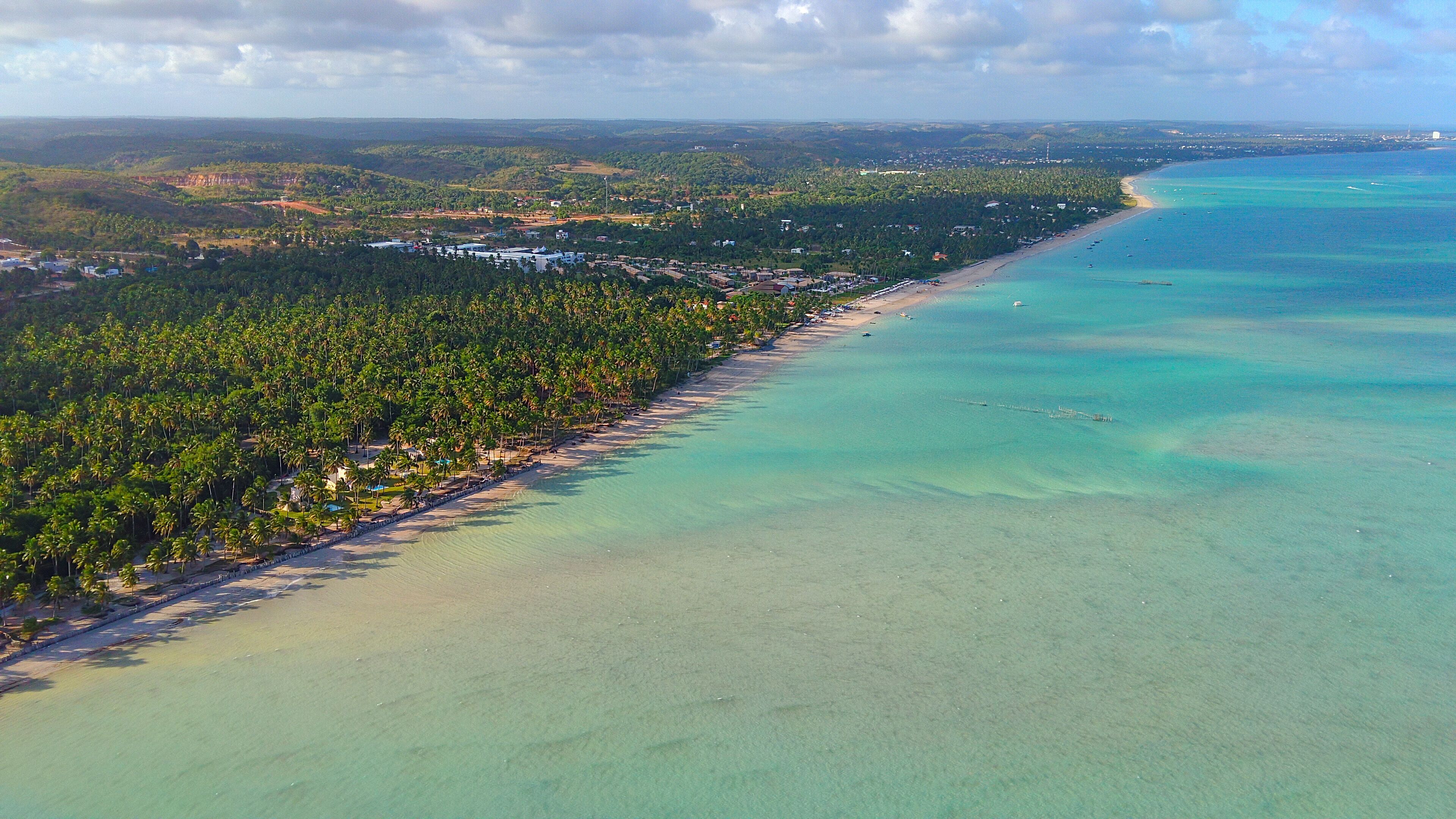 Stunning view of Maragogi Beach, Alagoas, with palm trees reflecting in the crystal-clear turquoise waters, creating a serene and enchanting tropical scene in Brazil.