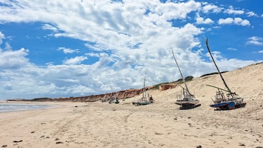 Ein Sandstrand mit mehreren Fischerbooten, die am Ufer unter einem teils bewölkten Himmel liegen.