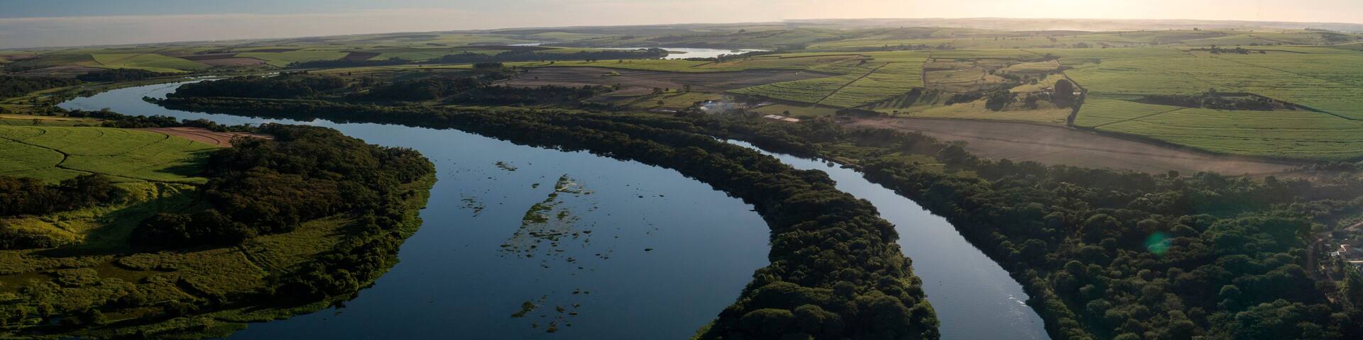 panoramic view of a stretch of the Tiete-Parana Waterway, in Bariri, Sao Paulo