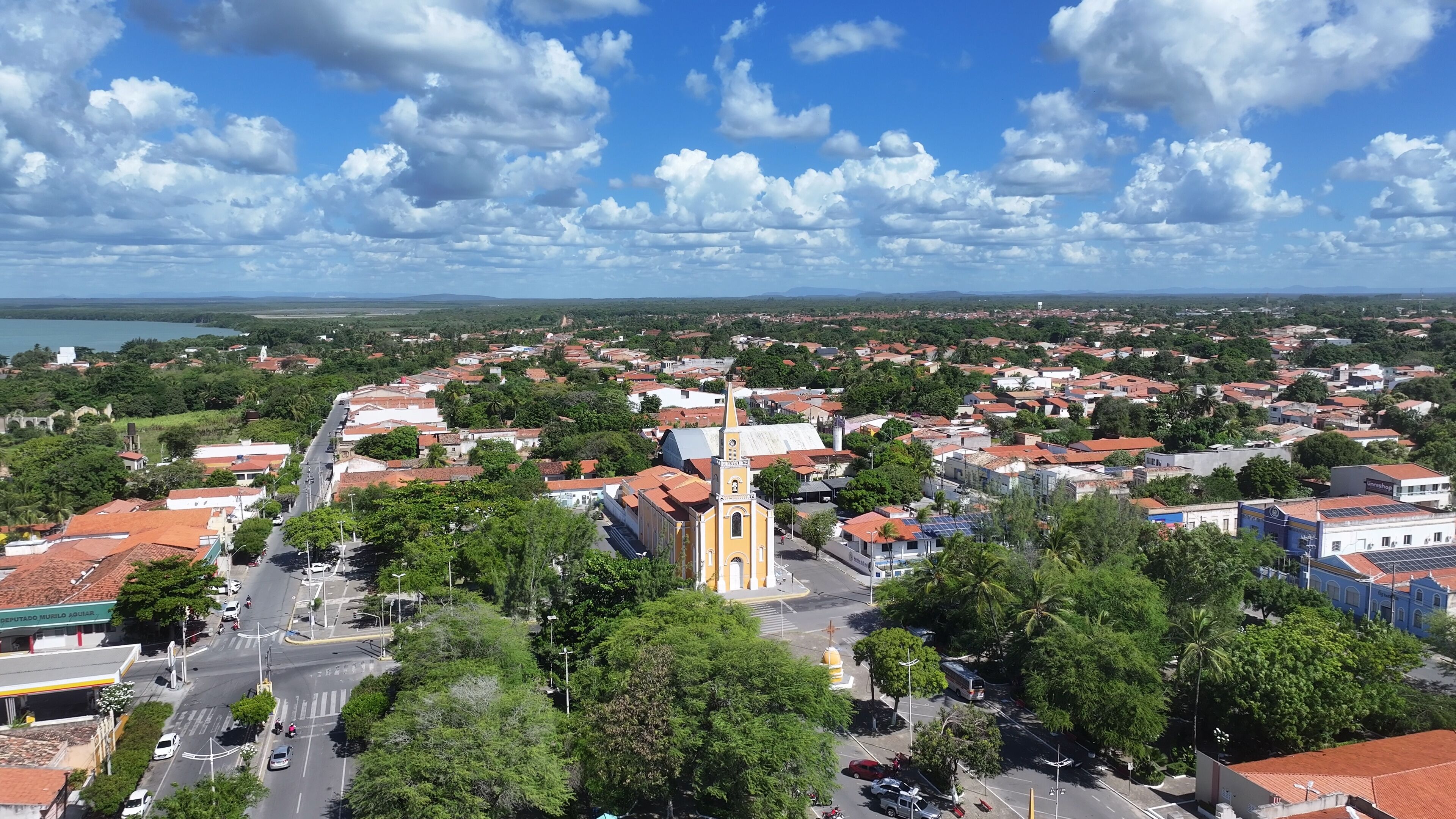 A town with a prominent church, a river, and a bridge in the background.