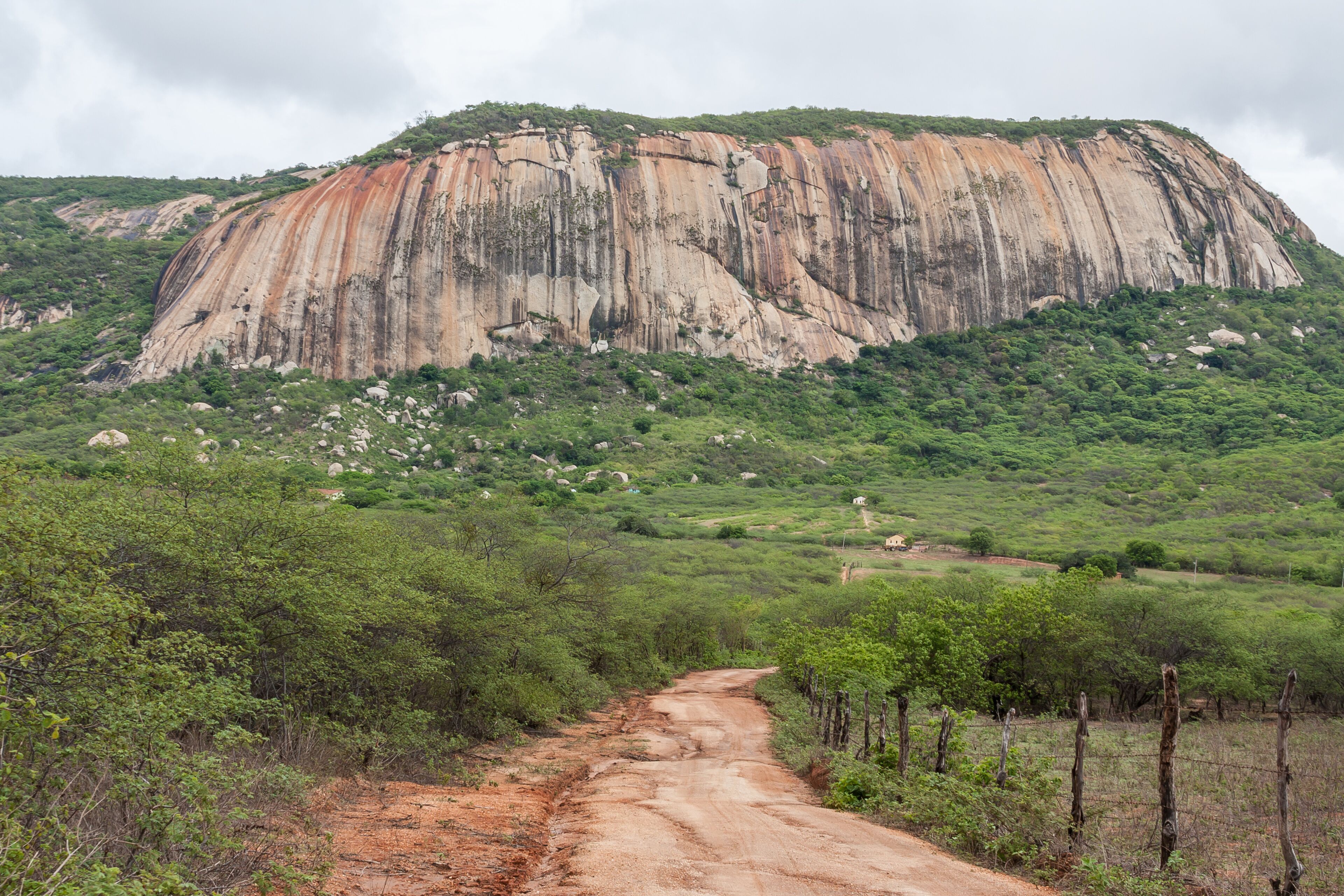 A dirt road leading to a large, rugged mountain with a forested base.