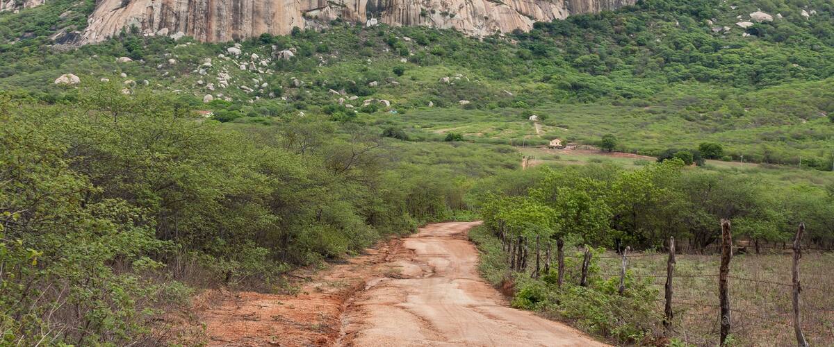 A dirt road leading to a large, rugged mountain with a forested base.