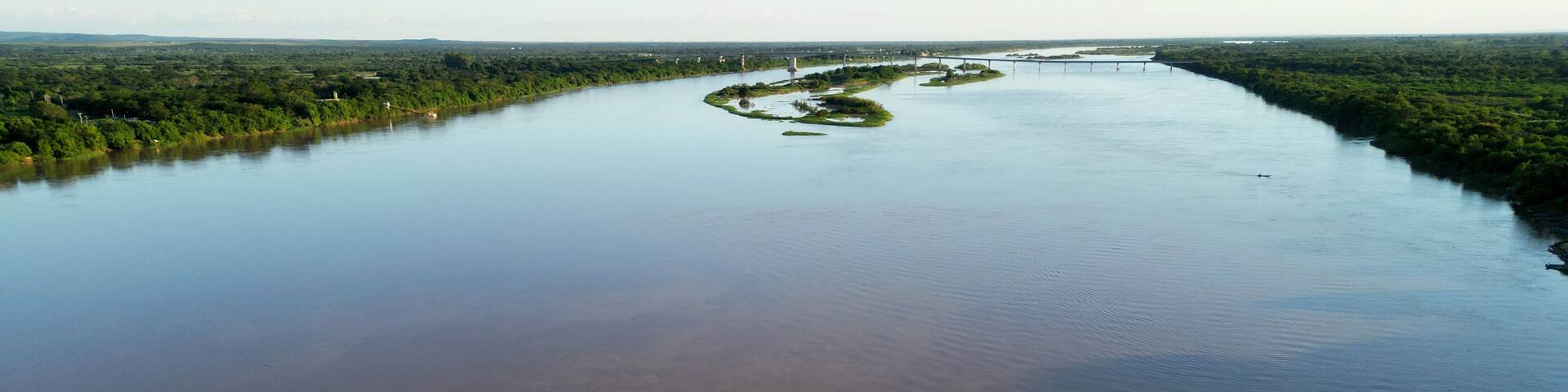 carinhanha, bahia, brazil - april 13, 2024: Aerial view of the Sao Francisco River in the city of Carinhanha.