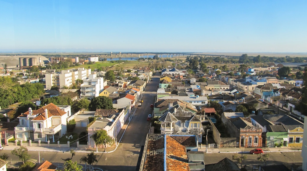 Cityscape of Pelotas with Sao Goncalo canal and old bridge in the background - Rio Grande do Sul state, Brazil