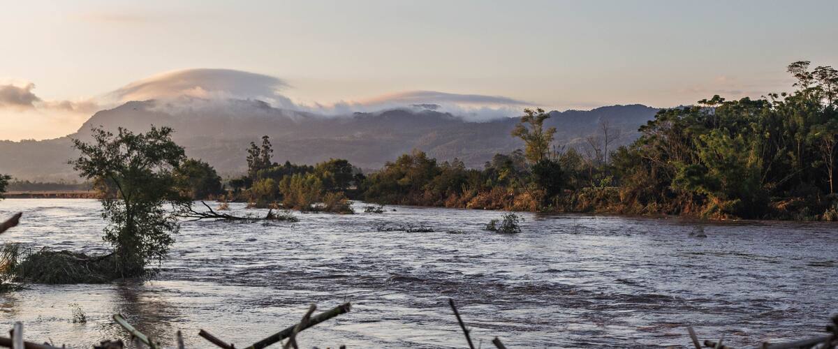 A river with trees and mountains in the background.