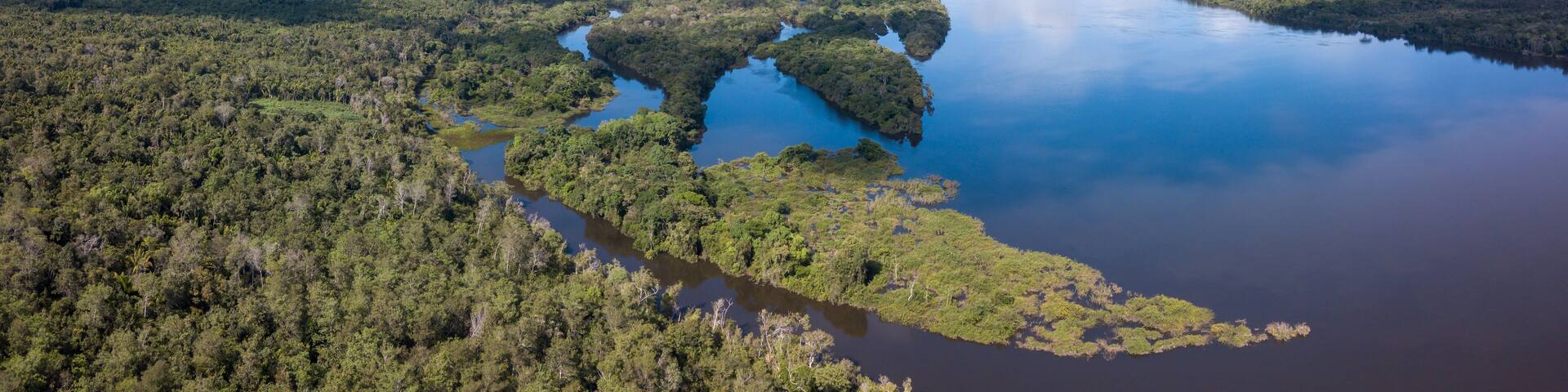 Beautiful aerial drone panoramic view of Xingu river in the Amazon rainforest on sunny summer day with blue sky. Mato Grosso, Brazil. Concept of nature, ecology, natural resources and environment.