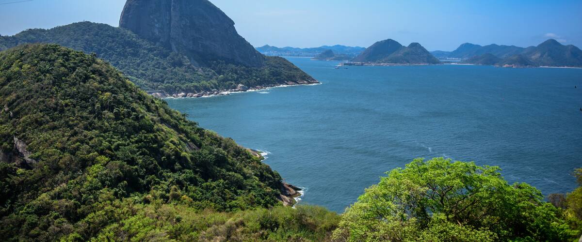View of Sugarloaf Mountain from Forte Duque de Caxias. Sugarloaf peak situated at the mouth of Guanabara Bay on a peninsula that juts out into the Atlantic Ocean, Rio de Janeiro, Brazil