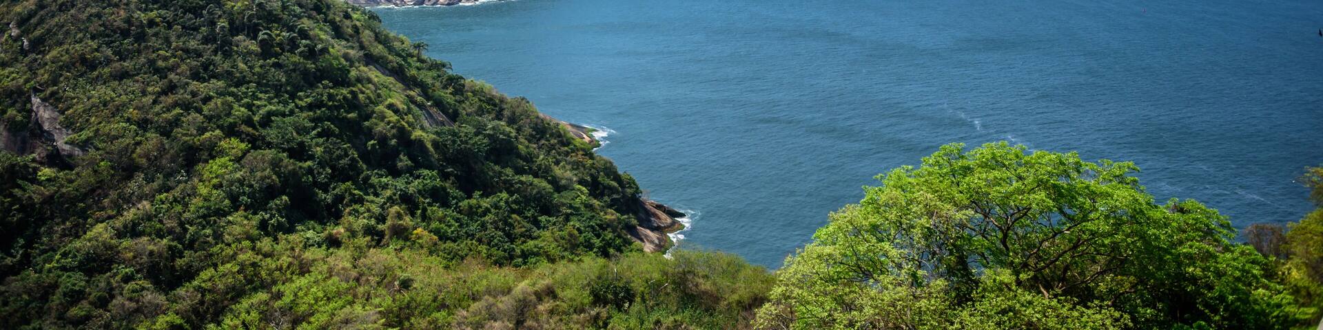 View of Sugarloaf Mountain from Forte Duque de Caxias. Sugarloaf peak situated at the mouth of Guanabara Bay on a peninsula that juts out into the Atlantic Ocean, Rio de Janeiro, Brazil