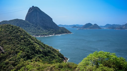 View of Sugarloaf Mountain from Forte Duque de Caxias. Sugarloaf peak situated at the mouth of Guanabara Bay on a peninsula that juts out into the Atlantic Ocean, Rio de Janeiro, Brazil