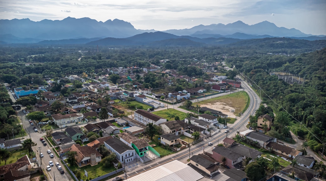 Aerial view of the historic center of Morretes, State of Paraná, South of Brazil. Special emphasis on Serra do Mar set of montains