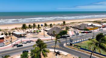 Un pueblo frente al mar con una carretera, palmeras, sombrillas de playa y vistas al océano.