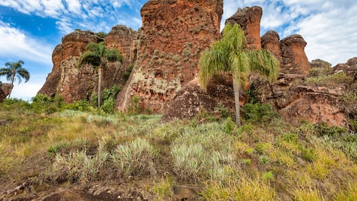 Dramatic eroded sandstone pinnacles rise from the brush, a spectacular geological monument in Vila Velha State Park, Itaiacoca, Ponta Grosa Brazil.
